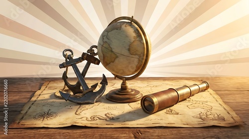 Vintage nautical objects on old map and wooden surface