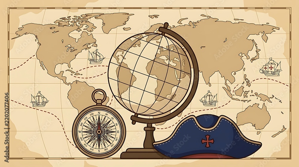 Fototapeta premium Vintage world map with globe compass and pirate hat