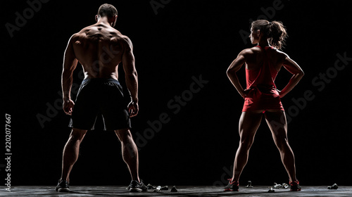 Group portrait of man and woman in studio. Fitness concept for exercise and muscular build. Professional athlete, fit photography. Two people doing sport