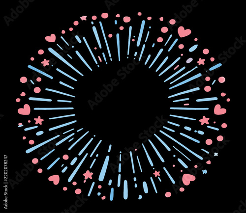 Pastel heart and star burst frame on black background with pattern design starburst circular radiating illustration decoration abstract creative decorative ornament background backdrop