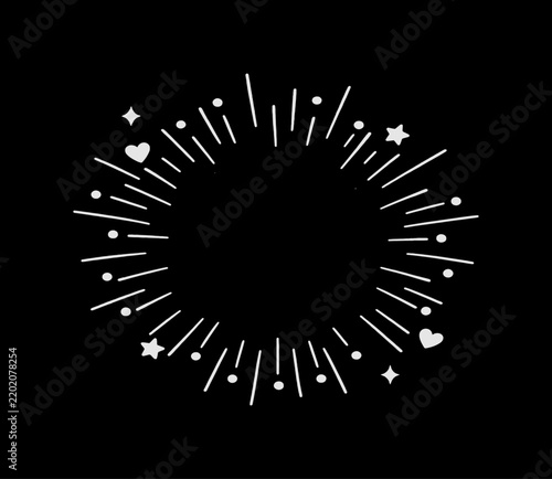 Monochrome starburst frame with hearts and stars on black hand drawn line art pattern design lovey dovey starburst circular monochrome radiating illustration decoration abstract creative