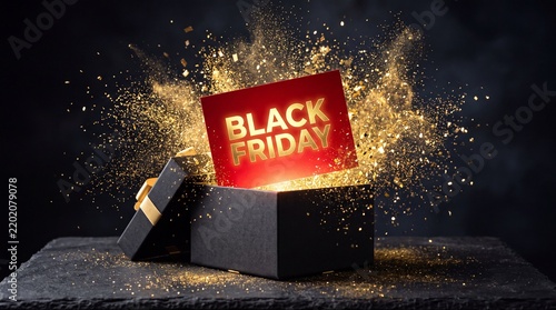 Black Friday gift box opening with brilliant gold sparkles and glowing red sale card.