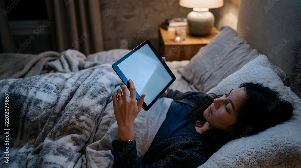 Obraz premium Woman lying in bed using a blank screen tablet at night