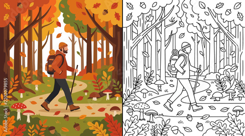 Man Hiking in Autumn Forest Path, Surrounded by Falling Leaves and Mushrooms