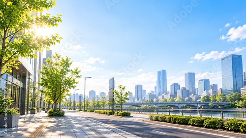 Smart City in Japan with Tree Lined Street, Modern Architecture and Buildings