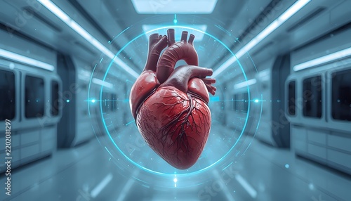 Realistic anatomical human heart model floating with holographic interface in futuristic laboratory.