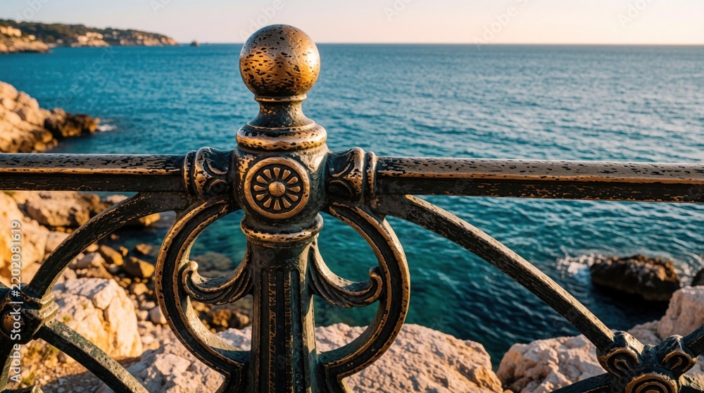 Fototapeta premium Ornate metal railing borders sea view. Decorative balustrade on coastal promenade overlooks blue ocean waters and rocky shore. Sunny day creates tranquil seaside atmosphere.