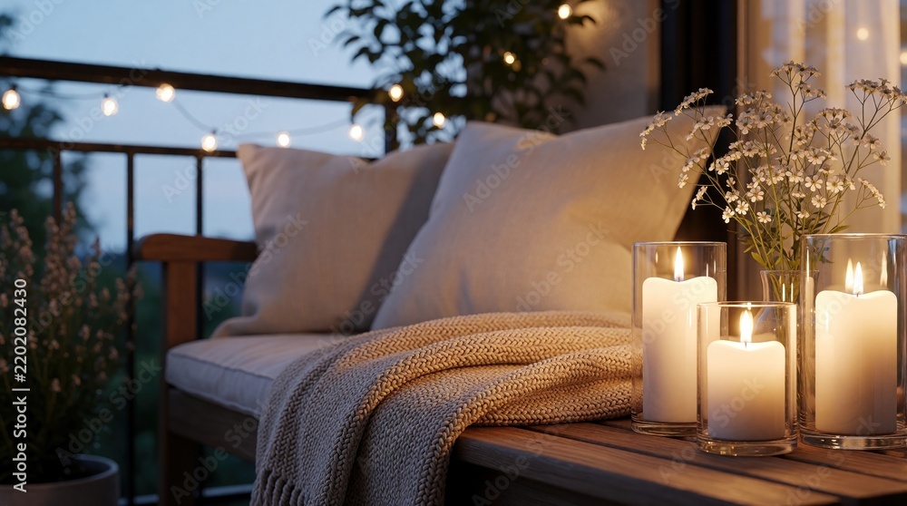 Fototapeta premium Balcony at dusk with warm candle light and string lights. Cushions and throw on bench. Flowers and plants create cozy atmosphere for outdoor relaxation.