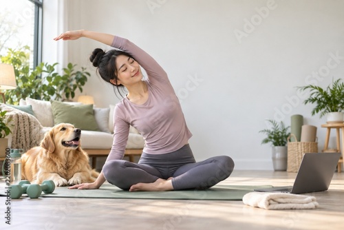 Young Asian Woman Doing Indoor Yoga Stretch with Golden Retriever in Bright Home Fitness Space