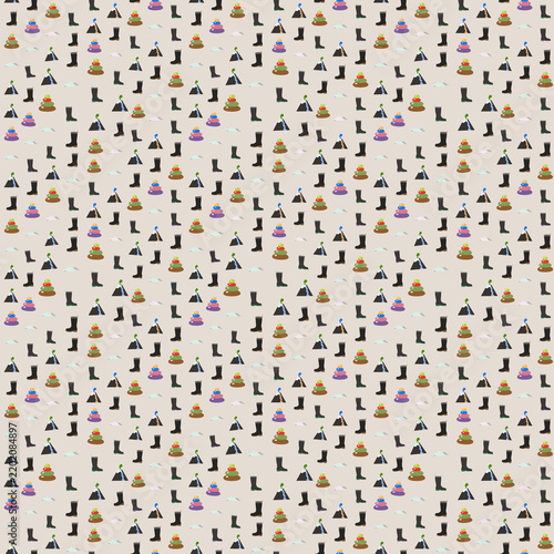 Seamless Pattern of Boots, Stacked Stones, and Mountains