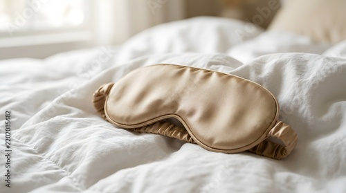 Beige silk sleep mask resting on a comfortable white crumpled bed sheet