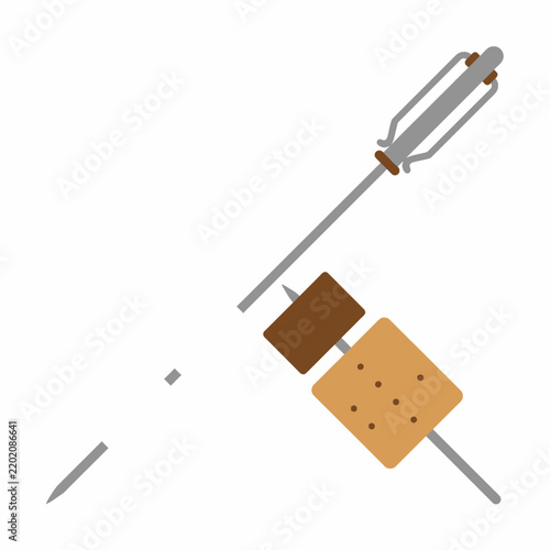 S'mores ingredients roasting on a stick over a fire, isolated on white background