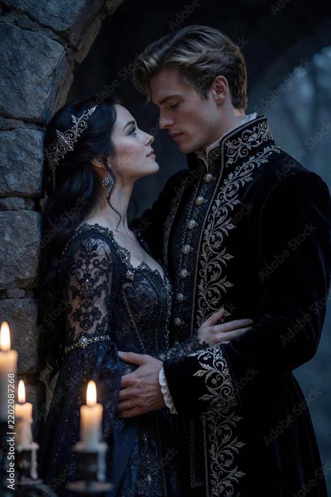 Obraz premium Elegant couple in period costume share romantic moment near stone archway. Bride wears black lace gown and tiara while groom dons ornate velvet attire. Warm candlelight illuminates their loving gaze.
