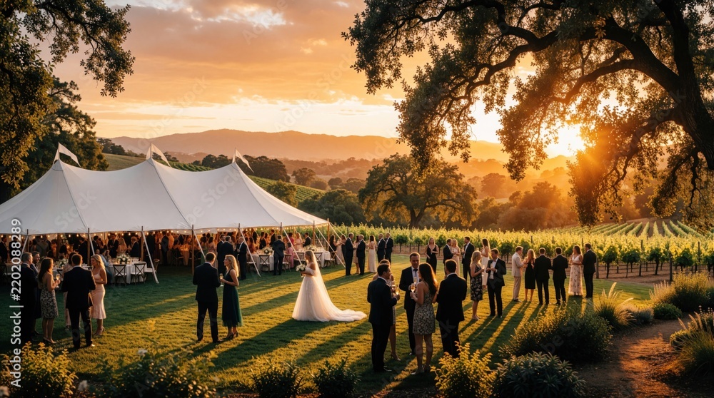 Obraz premium Elegant wedding reception held in vineyard at sunset. Guests celebrate under large white marquee tent during golden hour. People stand on green grass near grapevines sun sets over rolling hills.
