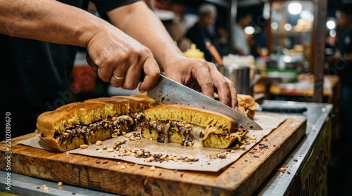 Street vendor slicing sweet martabak pancake with chocolate and peanuts