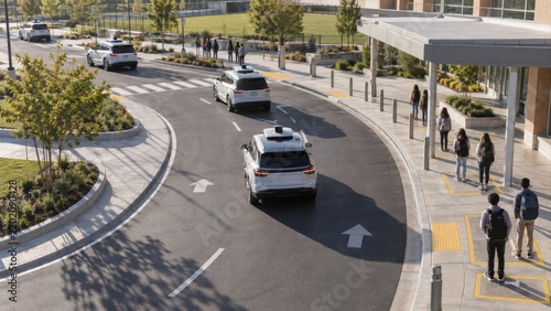 Autonomous robotaxis picking up students outside a modern high school