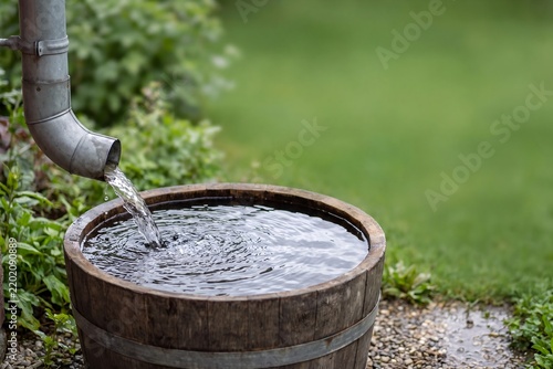 Rainwater flowing from downspout into wooden collection barrel