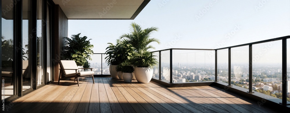 Fototapeta premium Modern penthouse balcony with wooden deck, glass railing. Large green potted plants stand near white armchair. Wide city view from high floor apartment. Empty outdoor terrace provides copy space for