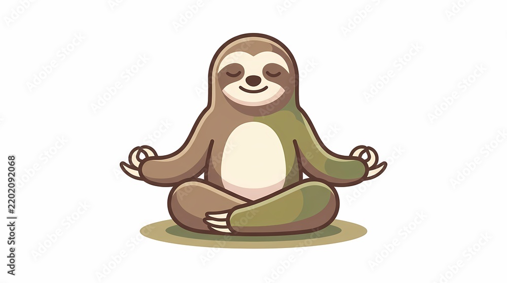 Fototapeta premium Cute cartoon sloth character sitting in lotus pose meditating.