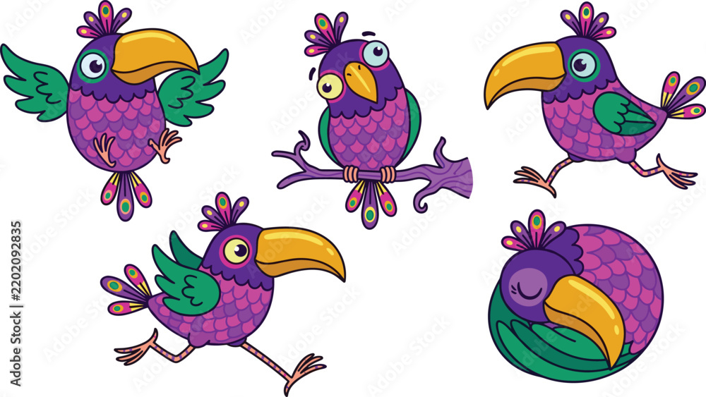 Obraz premium Cute Exotic Toucan Bird Vector Character Set Flying, Perching on Branch, Running, and Sleeping for Colorful Tropical Wildlife and Kids Designs