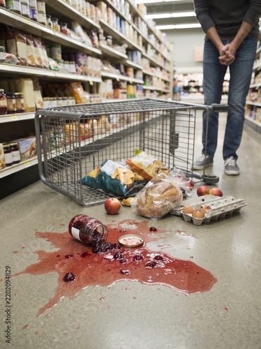 A man stands in a grocery store aisle looking at a spilled shopping cart with broken groceries on the floor.