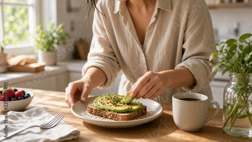 Person plating avocado toast at sunny breakfast table