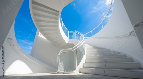 Modern white spiral staircase going up to a bright blue sky with clouds in a sunny outdoor architectural setting
