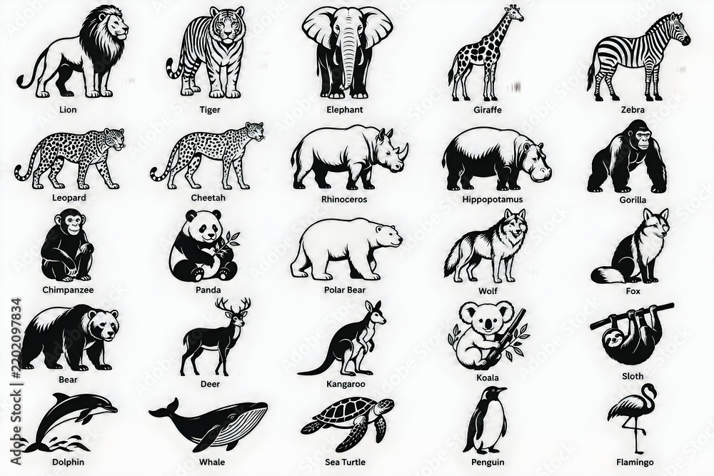 Obraz premium 25 Black and White Animal Icons Vector Set – Wildlife Collection with Labels