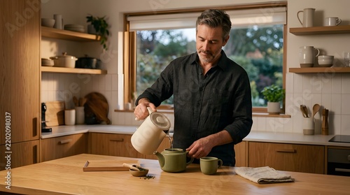Mature man pouring hot water into a green teapot in a modern kitchen
