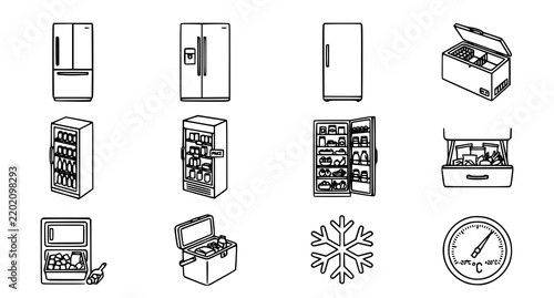 Title: Refrigeration Appliances Freezers and Cold Food Storage Linear Icons