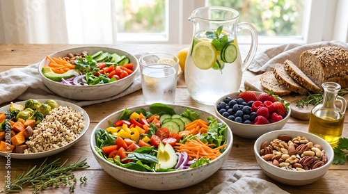 Healthy colorful meals with fresh vegetables, salad bowls, berries, and lemon water on a bright table, representing nutrition, wellness, balanced diet, and fresh healthful choices.
