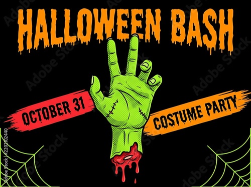 Halloween bash costume party flyer with green zombie hand on black background and halftone effect