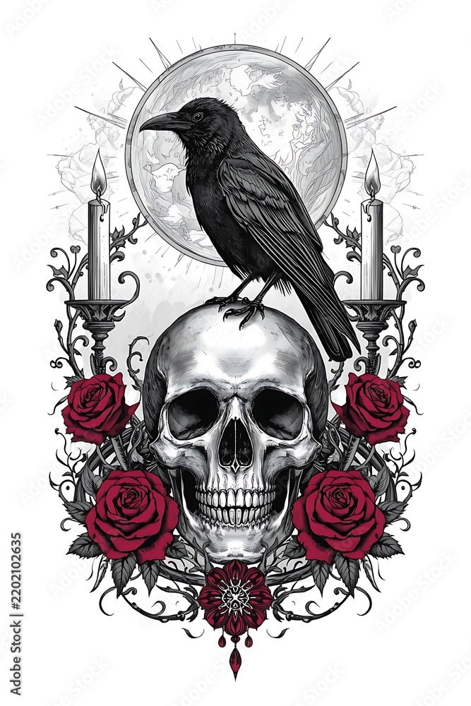 Fototapeta premium Gothic raven with skull and red roses