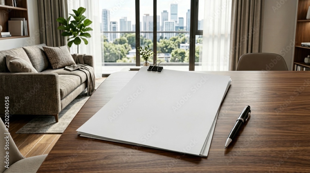 Obraz premium Blank document on a wooden desk with a city skyline visible through the window. Includes sofa, plant, and pen.