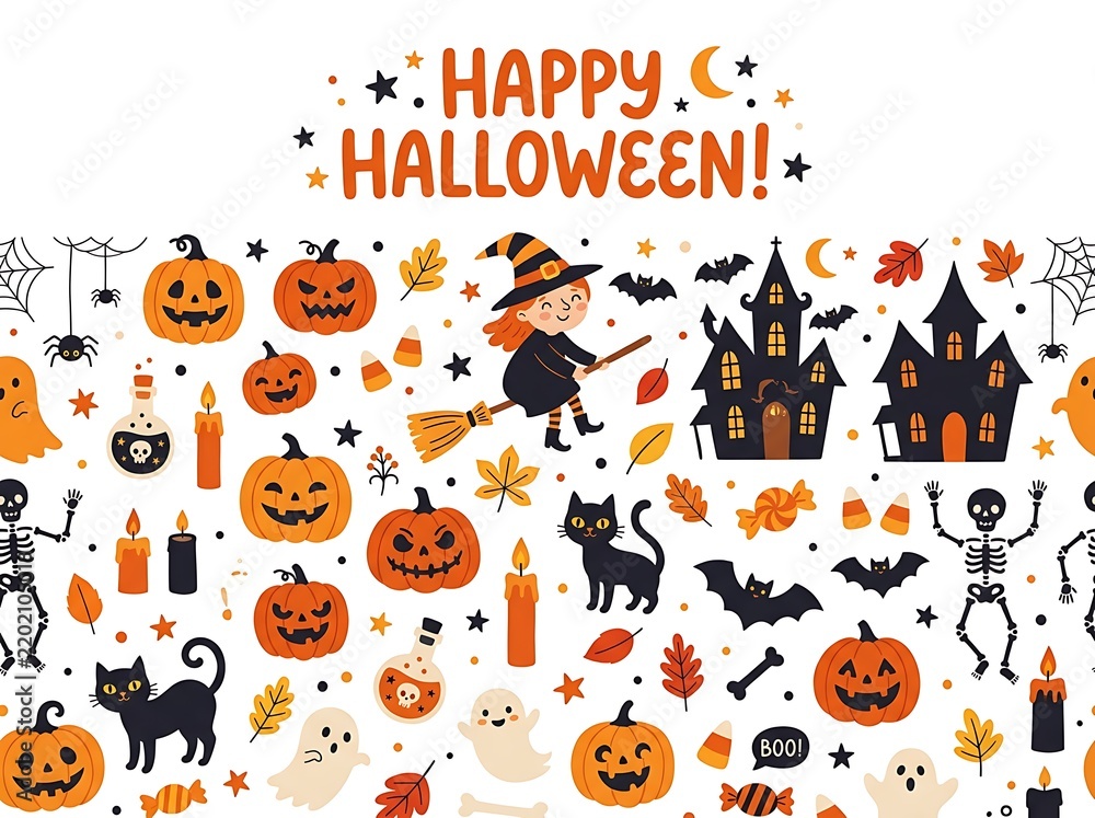 Fototapeta premium Halloween Themed Seamless Pattern with Pumpkins, Ghosts and Haunted Houses