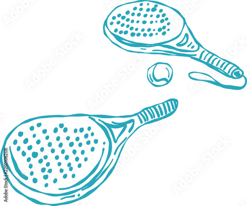 Hand drawn illustration of two padel tennis rackets and a ball with a turquoise outline on a white background representing sports and recreation