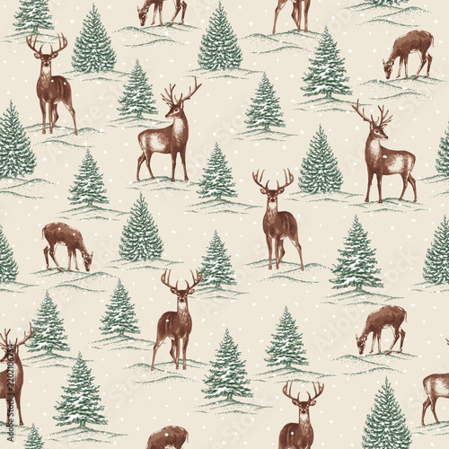 Seamless Christmas Tree And Deer On Cream Background