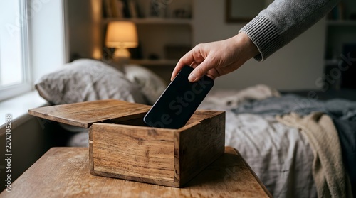 Person placing a mobile phone inside a rustic wooden storage box