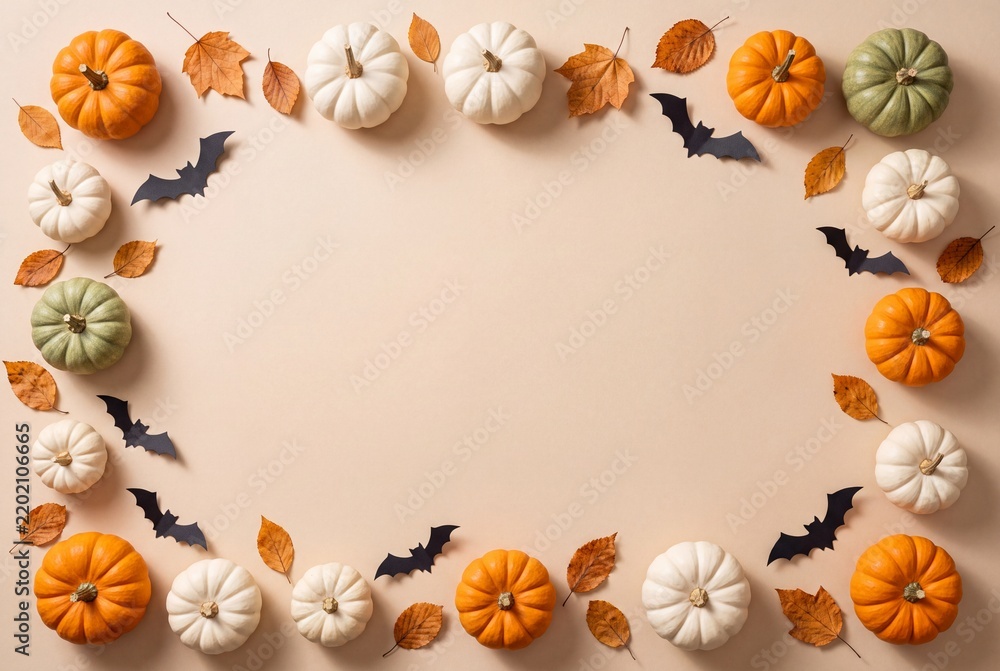 Fototapeta premium Halloween Frame with Pumpkins, Leaves, and Bats on a Beige Background.