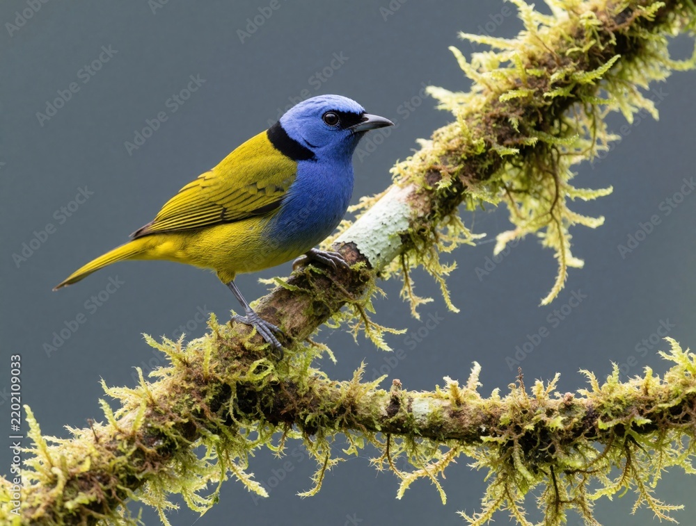 Fototapeta premium Blue capped tanager bird sits on mossy tree branch in tropical cloud forest. Small colorful avian with blue head, yellow body rests in jungle. Wild neotropical passerine perched on lichen covered