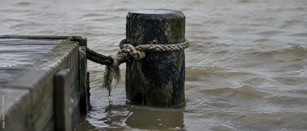 Fototapeta premium Single mooring post on a flooded pier with tarred timber piling awash in brown water and a frayed loop