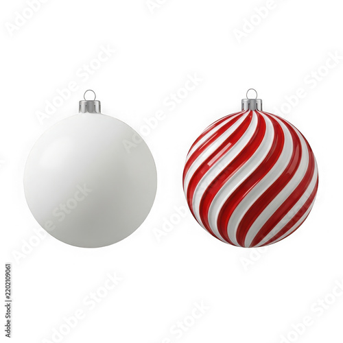 Two christmas baubles with white and red striped patterns for holiday decoration isolated on transparent background