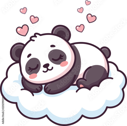 Cute Baby Panda Sleeping on Cloud with Hearts Cartoon Illustration