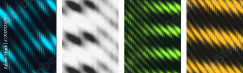 Abstract halftone dot wave patterns in vibrant blue white green and yellow variations on dark backdrop