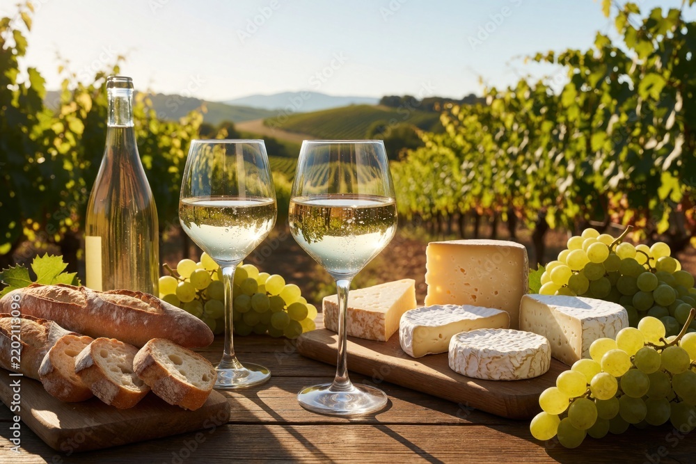 Naklejka premium Two wine glasses with white wine sit on a table with bread and cheese. A vineyard stretches out in the background under a sunny sky, creating a perfect setting for an outdoor picnic.