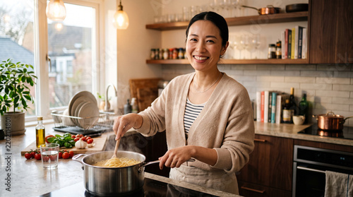 Obraz na płótnie モダンなキッチンでパスタを料理する30代前半の日本人女性のライフスタイルポートレート