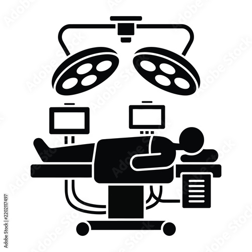 Operating room with patient and surgical equipment icon illustrating hospital operating procedure and medical care