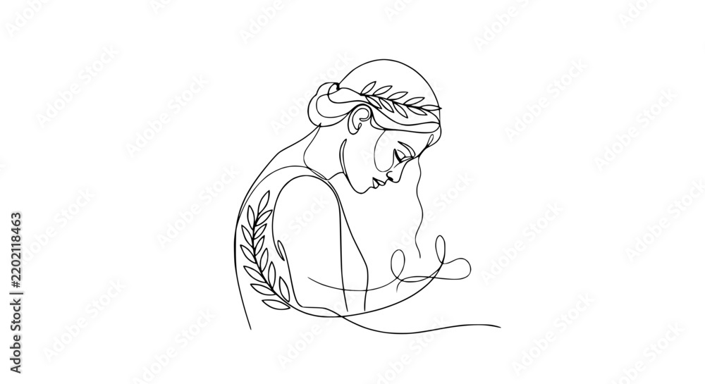 Obraz premium Elegant Line Art Woman with Laurel Wreath and Leaf Detail, Isolated