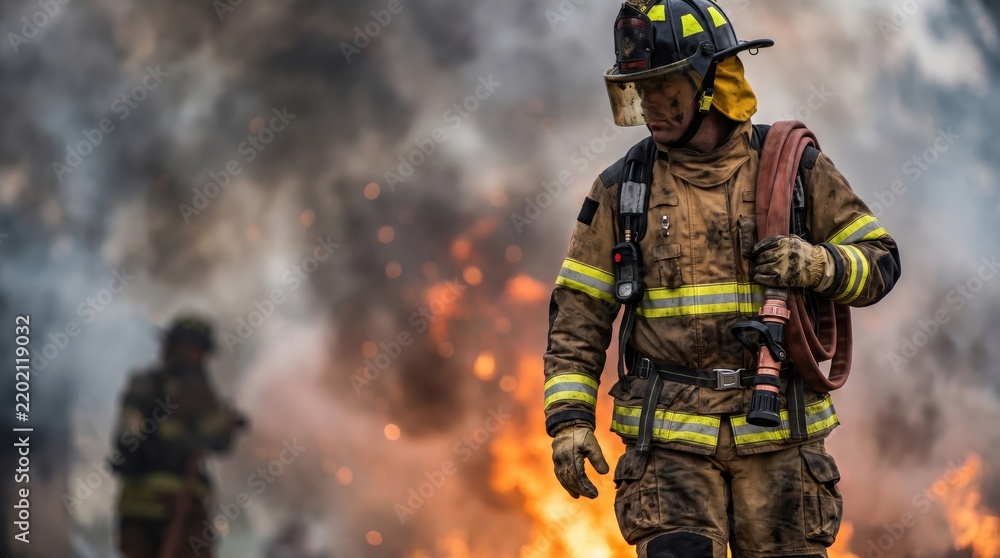 Fototapeta premium Courageous firefighter equipped with helmet and hose working through heavy smoke and flames.