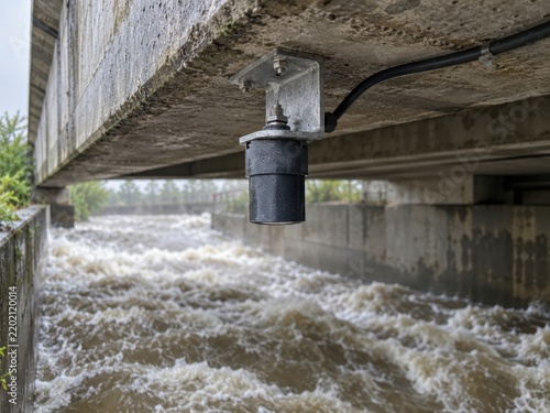 Water Level Sensor Mounted Under Bridge Over Turbulent River